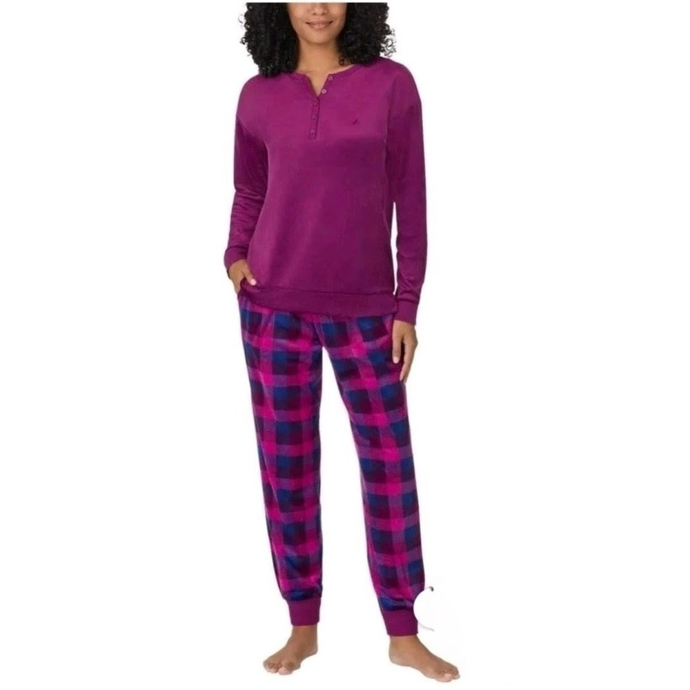 Nautica Purple Velour Pajama Set Fleece Pants Henley Shirt Plaid Women's XXL‎